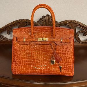 Raphael CrocoLux Birkin Shape Leather Handbag Orange Crocodile Leather Carry Bag